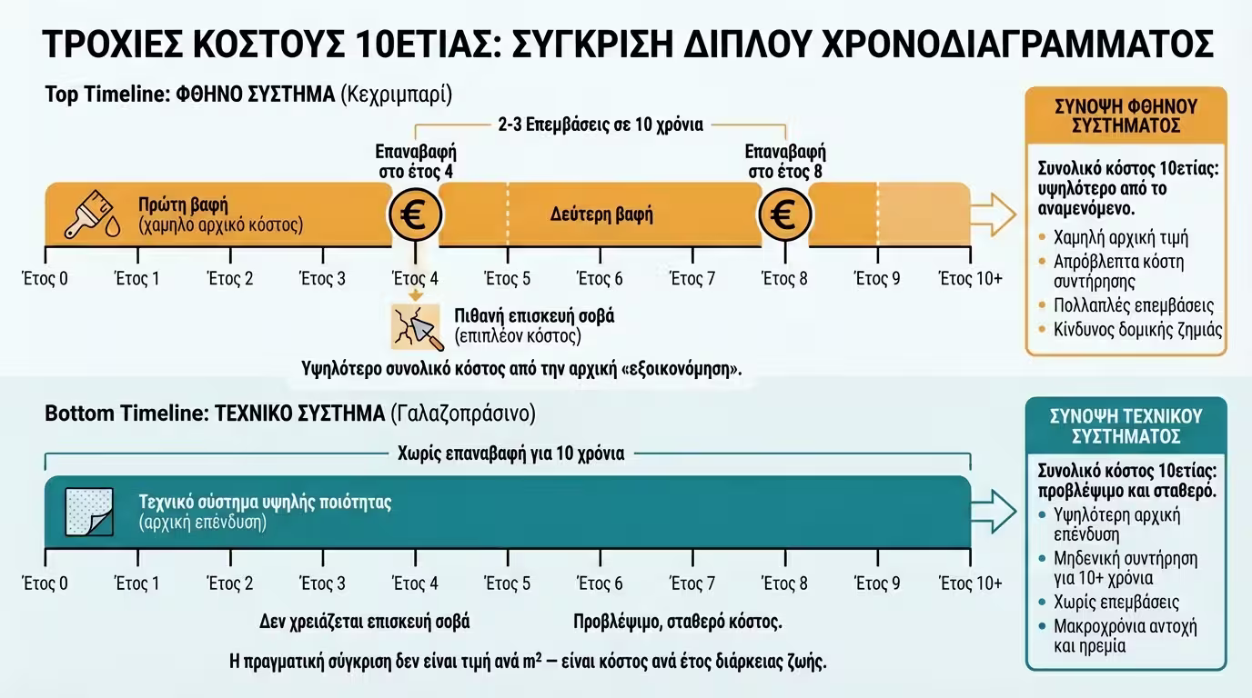 Timeline: φθηνό σύστημα χρειάζεται επαναβαφή στο 4ο & 8ο έτος vs τεχνικό σύστημα 10 ετών