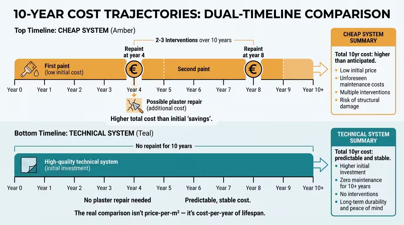 Timeline: cheap system needs repaint at yr 4 & 8 vs technical system lasts 10 years