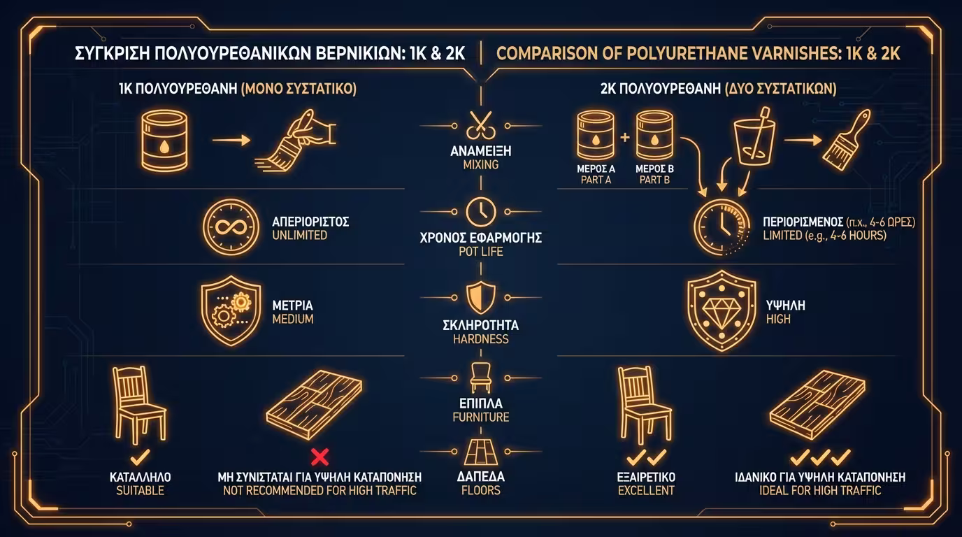 Ινφογκράφικ σύγκρισης 1K και 2K πολυουρεθανικών βερνικιών ξύλου: αναλογίες, σκλήρυνση, αντοχή (ελληνικά και αγγλικά)