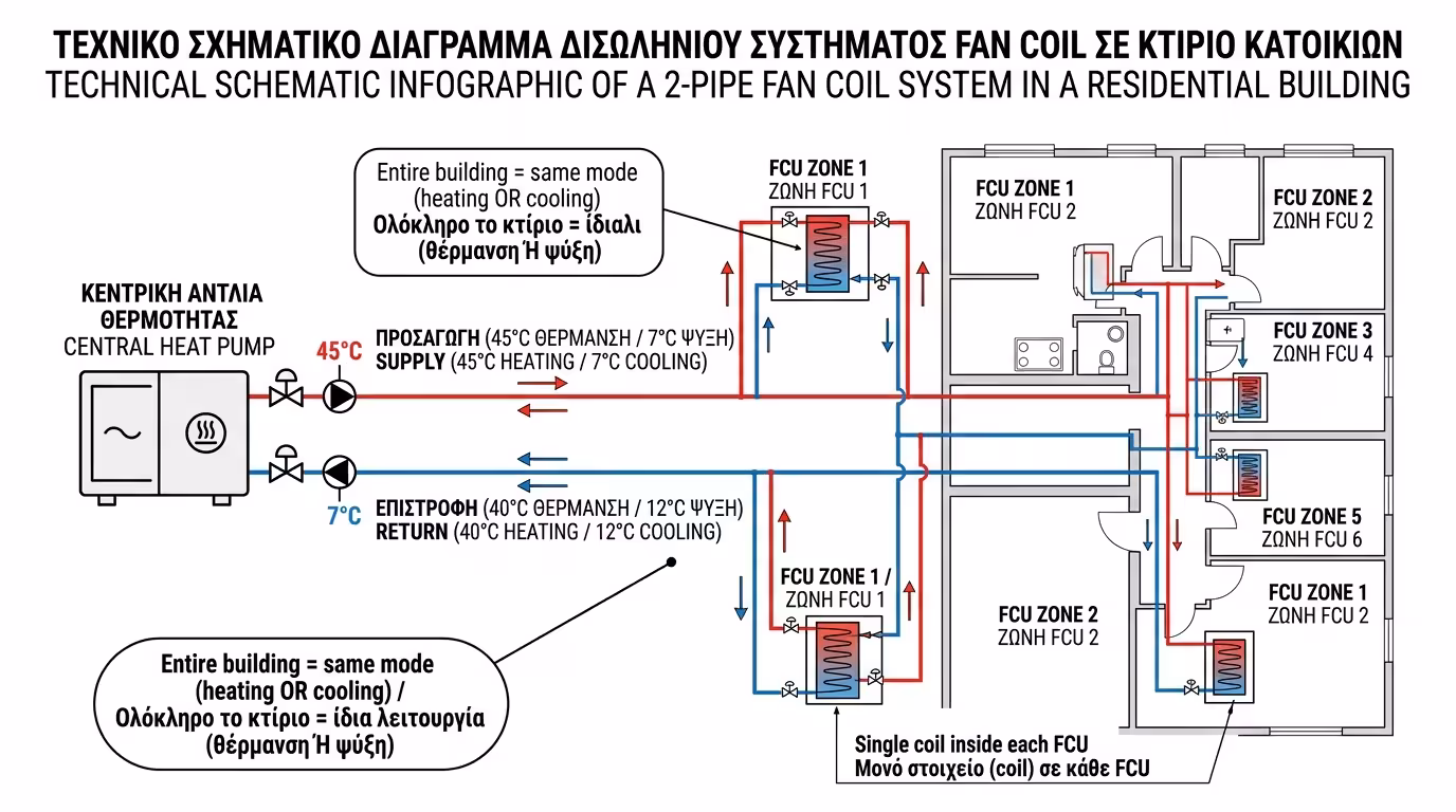 2-σωλήνιο Fan Coil - απλό δίκτυο με μία προσαγωγή και μία επιστροφή νερού