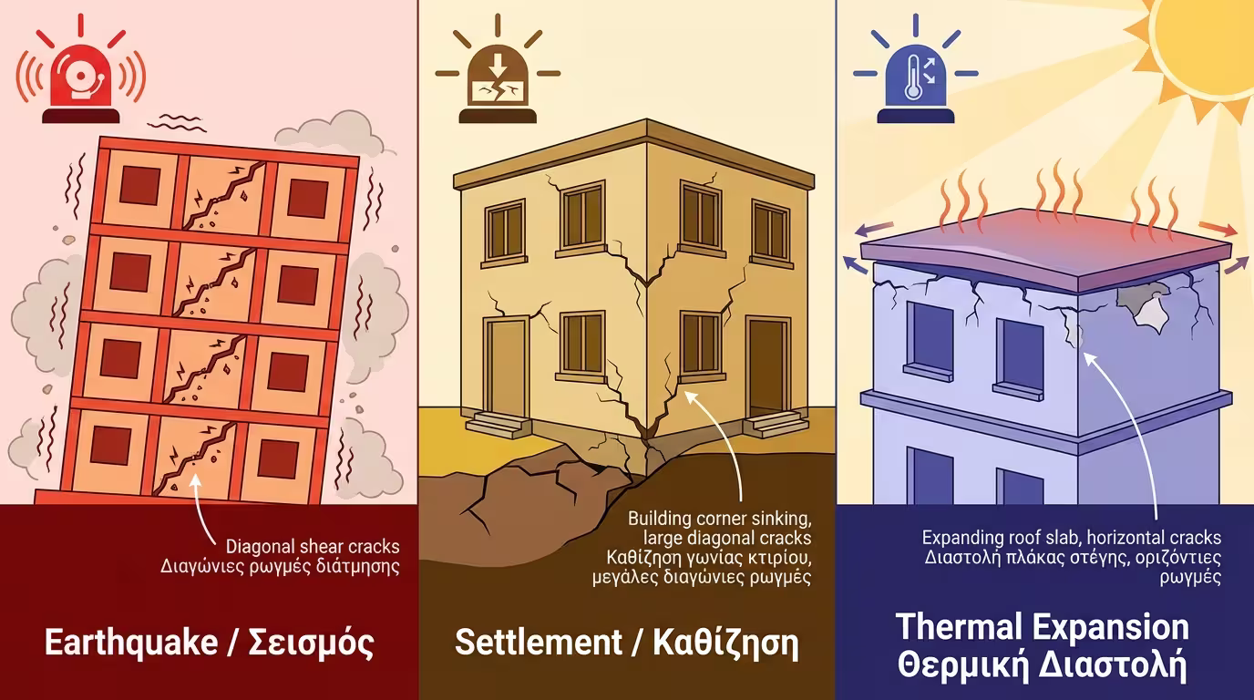 3 αιτίες δομικών ρωγμών: σεισμός, καθίζηση, θερμική διαστολή