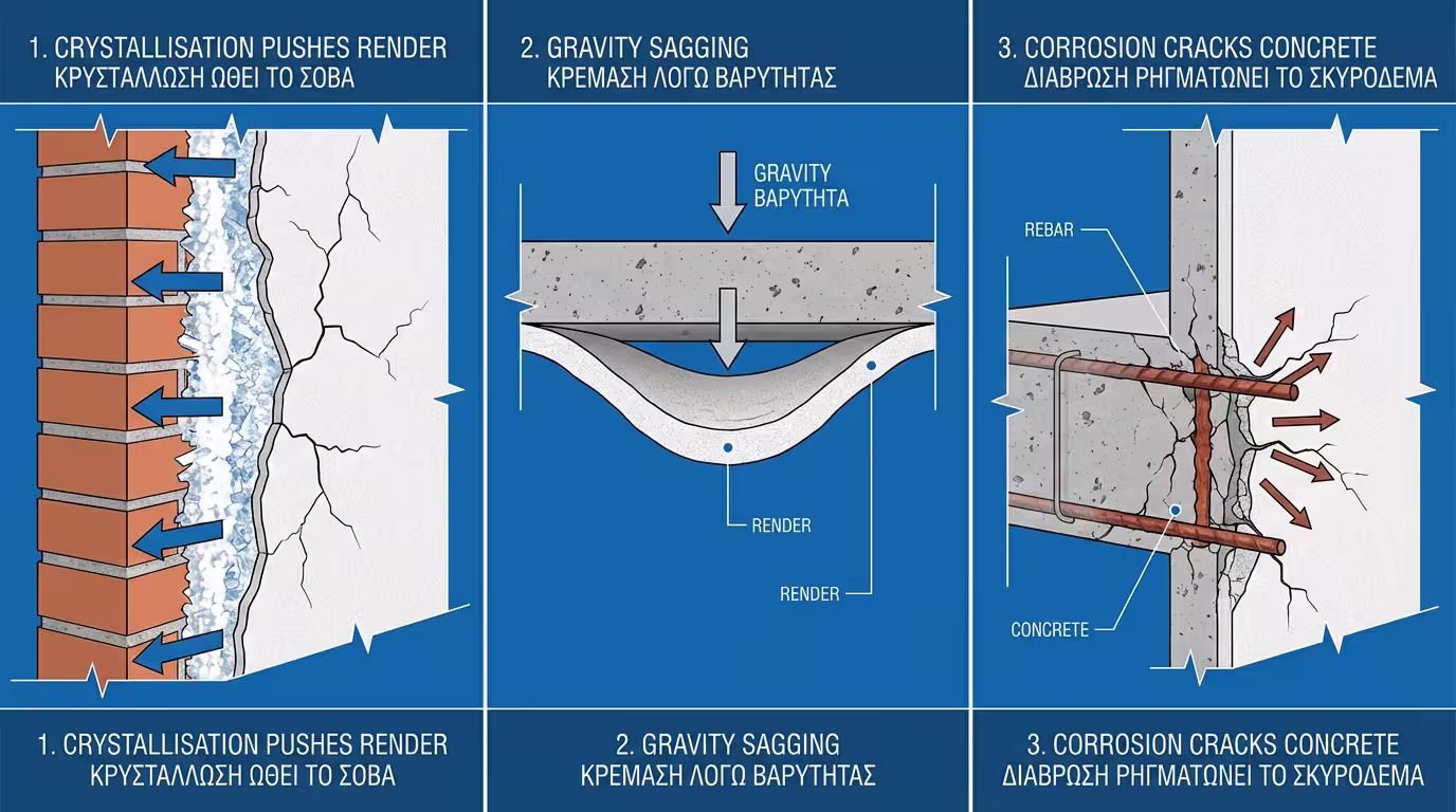3 αιτίες: υγρασία/άλατα, κακό αστάρι, σκουριά σιδήρων