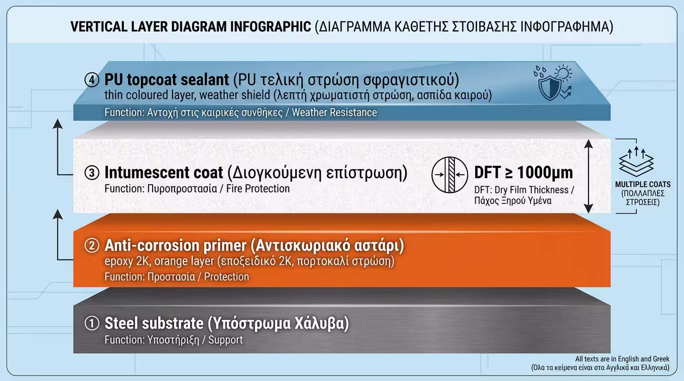 Ινφογκράφικ: 3 βήματα - Αντισκωριακό αστάρι, Πυράντοχη βαφή (DFT), Τελικό χρώμα PU.