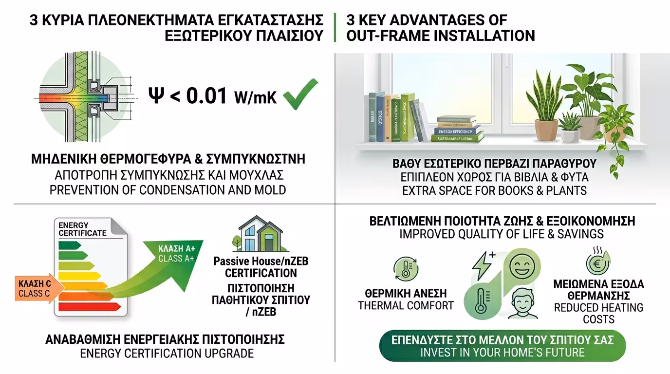 3 πλεονεκτήματα out-frame τοποθέτησης: θερμογέφυρα μηδέν, μεγαλύτερο περβάζι, Passive House standard