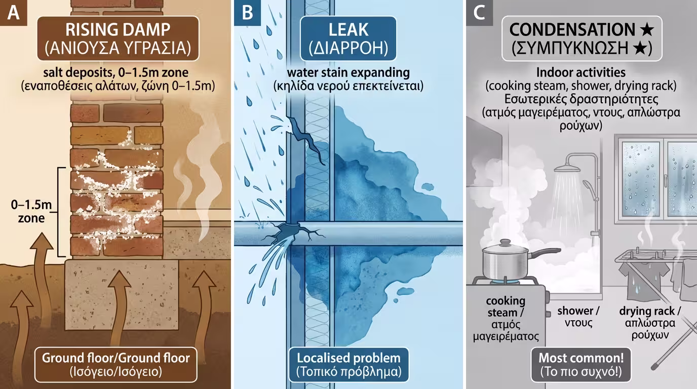 Infographic: 3 σενάρια υγρασίας - τριχοειδής άνοδος, διαρροή, συμπύκνωση