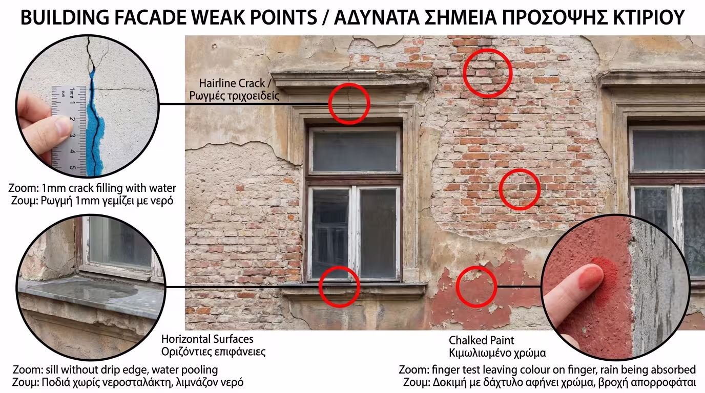 Ρωγμές, οριζόντιες επιφάνειες, αποσαθρωμένο χρώμα