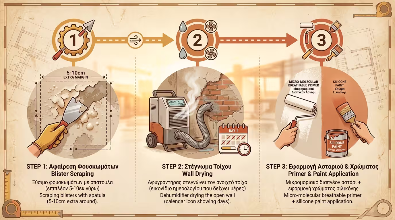 Ξύσιμο → στέγνωμα → βαφή με διαπνέοντα υλικά