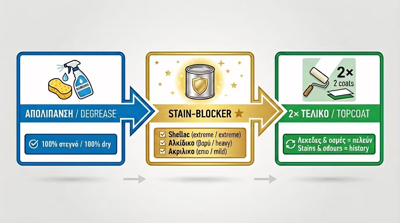 Infographic: 3 βήματα - καθαρισμός, stain-blocker, τελικό χρώμα