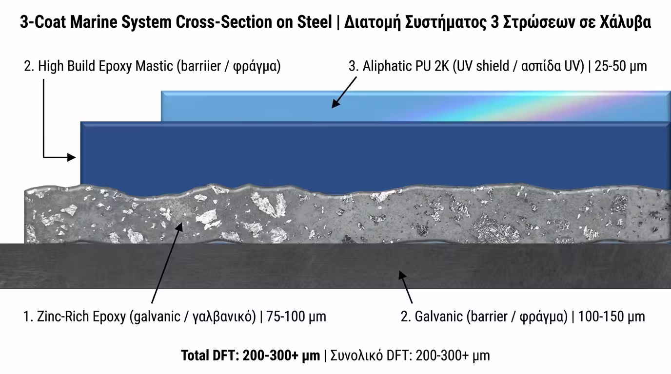 Διάταξη στρώσεων: Zinc Rich → MIO Barrier → PU Gloss.