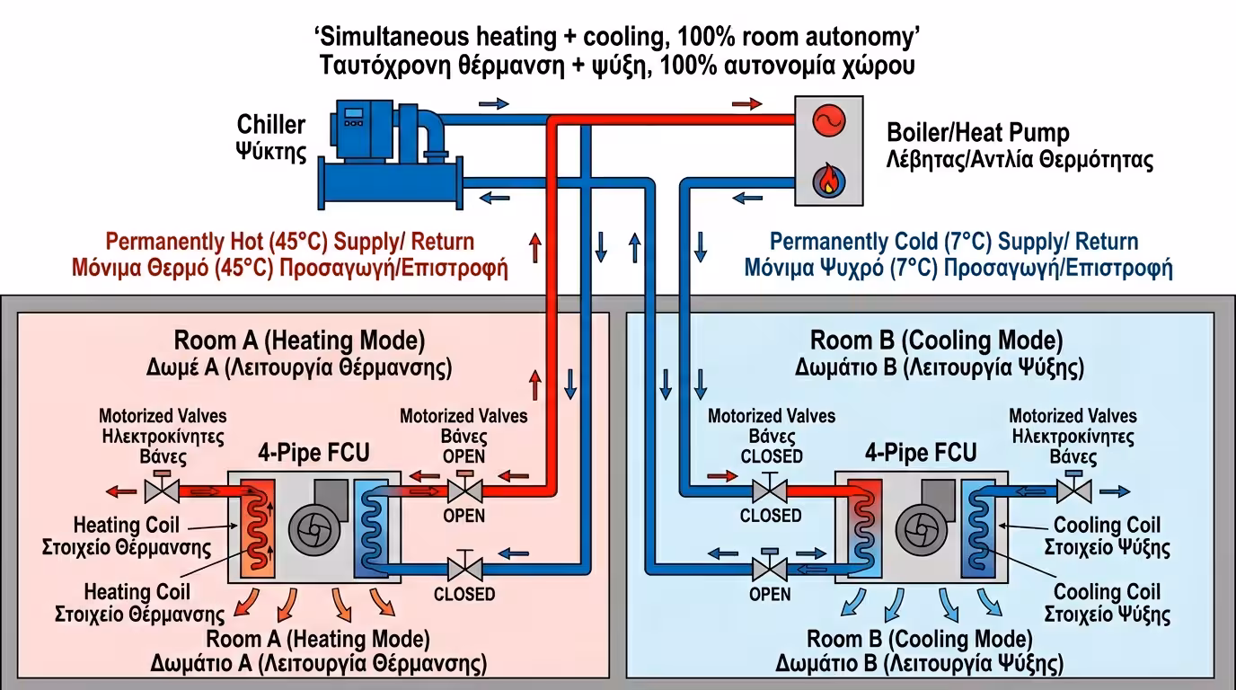 4-σωλήνιο Fan Coil - διπλό δίκτυο ζεστού και κρύου νερού για ταυτόχρονη ψύξη και θέρμανση