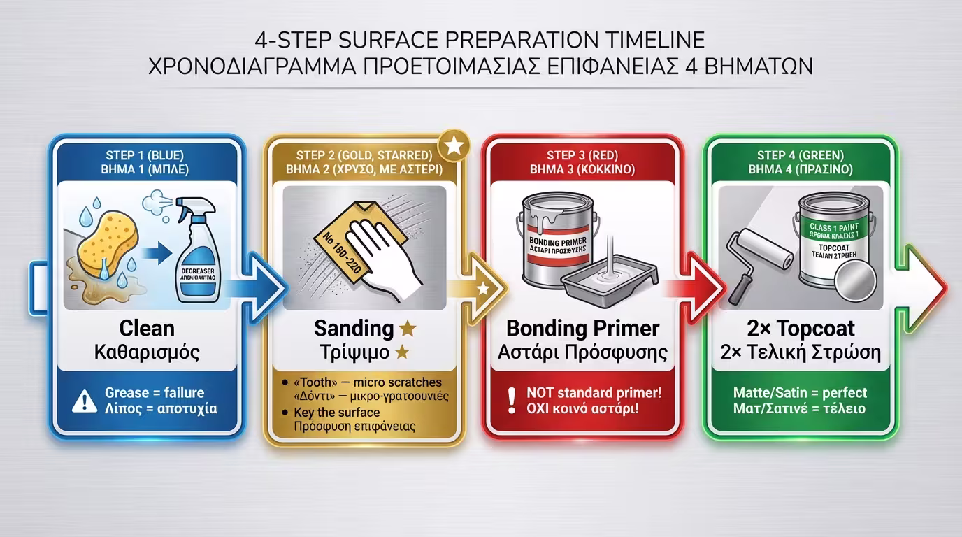 Infographic: 4 βήματα - καθαρισμός, γυαλοχαρτάρισμα, bonding primer, τελικό χρώμα