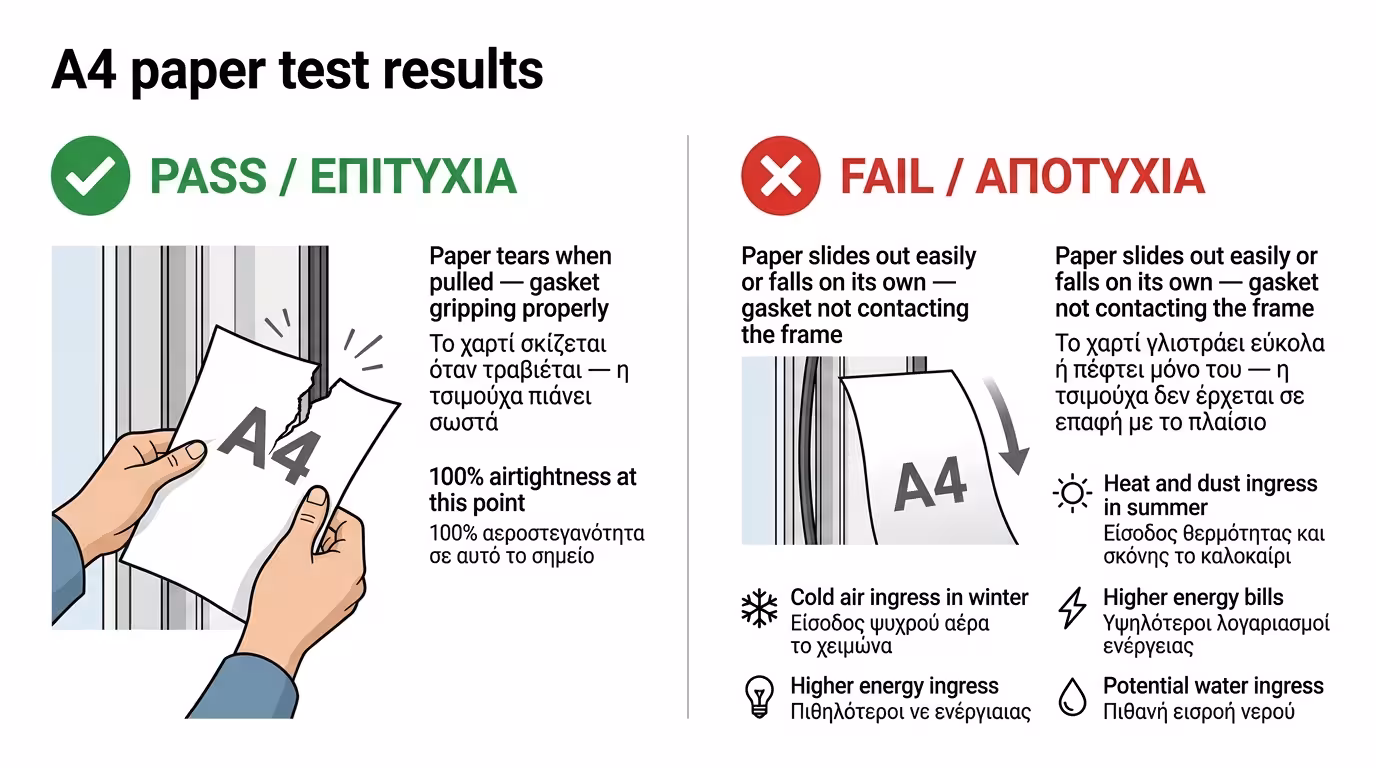 Αποτέλεσμα τεστ Α4 - χαρτί βγήκε εύκολα, αεροστεγανότητα αποτυχία - σκισμένο χαρτί σημαίνει σωστό πάτημα