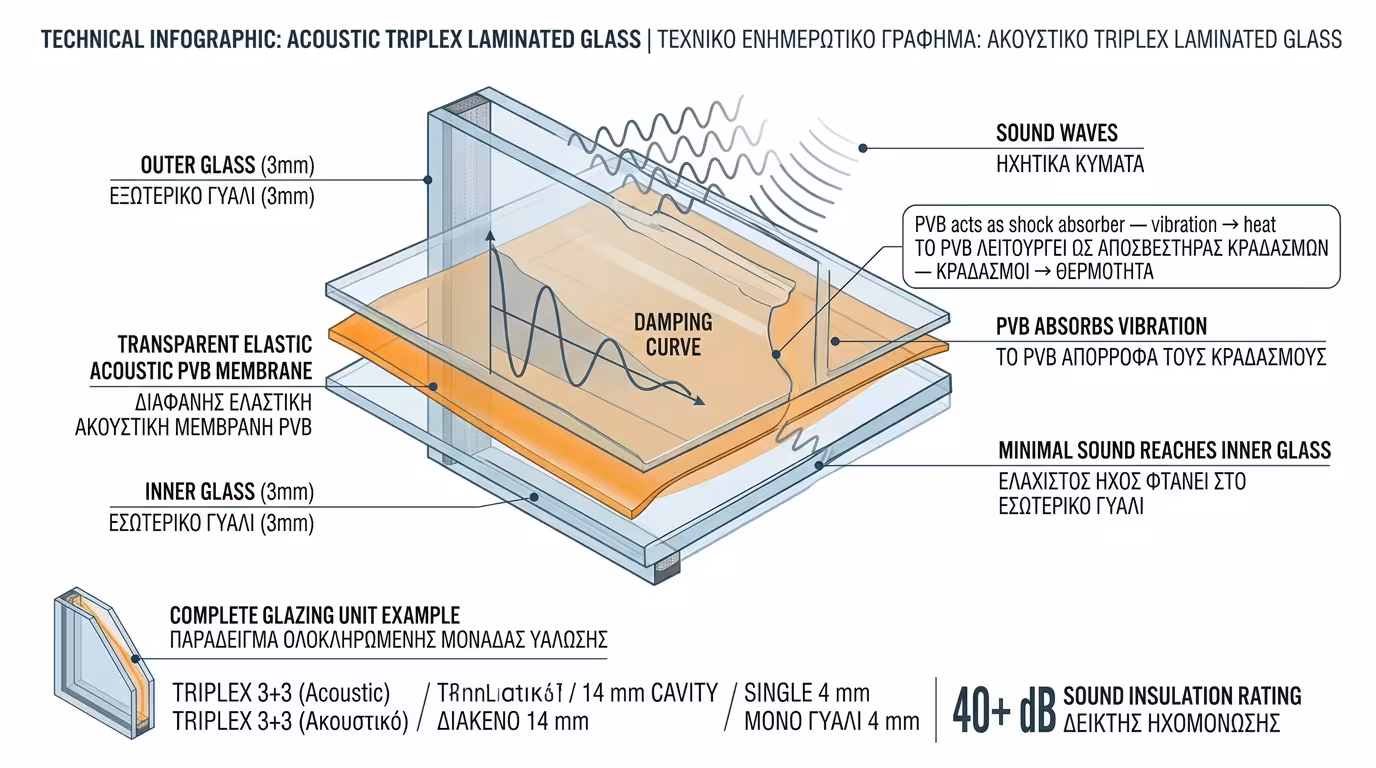 Acoustic Triplex: δύο τζάμια κολλημένα με μεμβράνη PVB - αμορτισέρ στις δονήσεις, 40+ dB