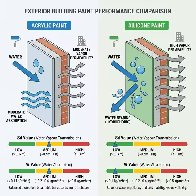 Σύγκριση ακρυλικής και σιλικονούχας βαφής ως προς Sd, υδατοαπωθητικότητα και αντοχή