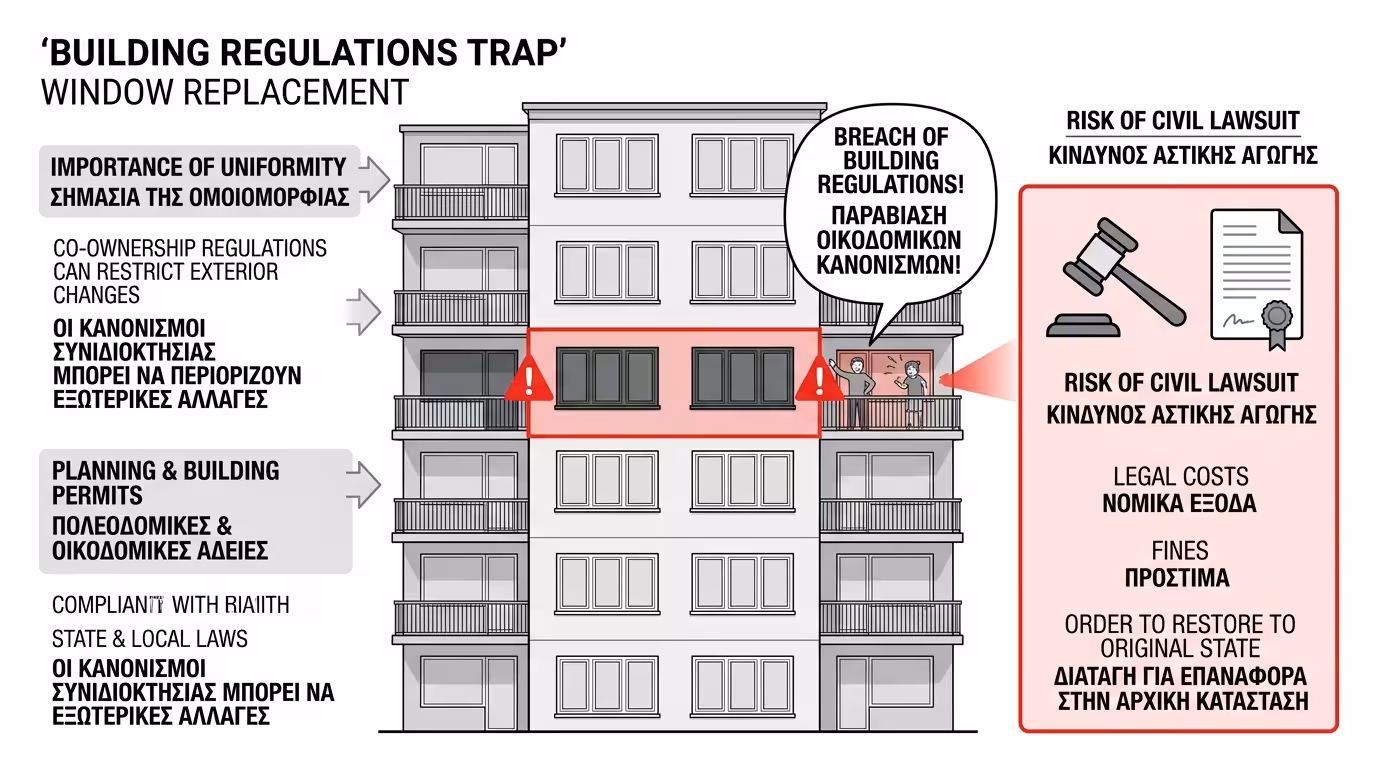 Κανονισμός πολυκατοικίας - αλλαγή όψης, γείτονες, αγωγή