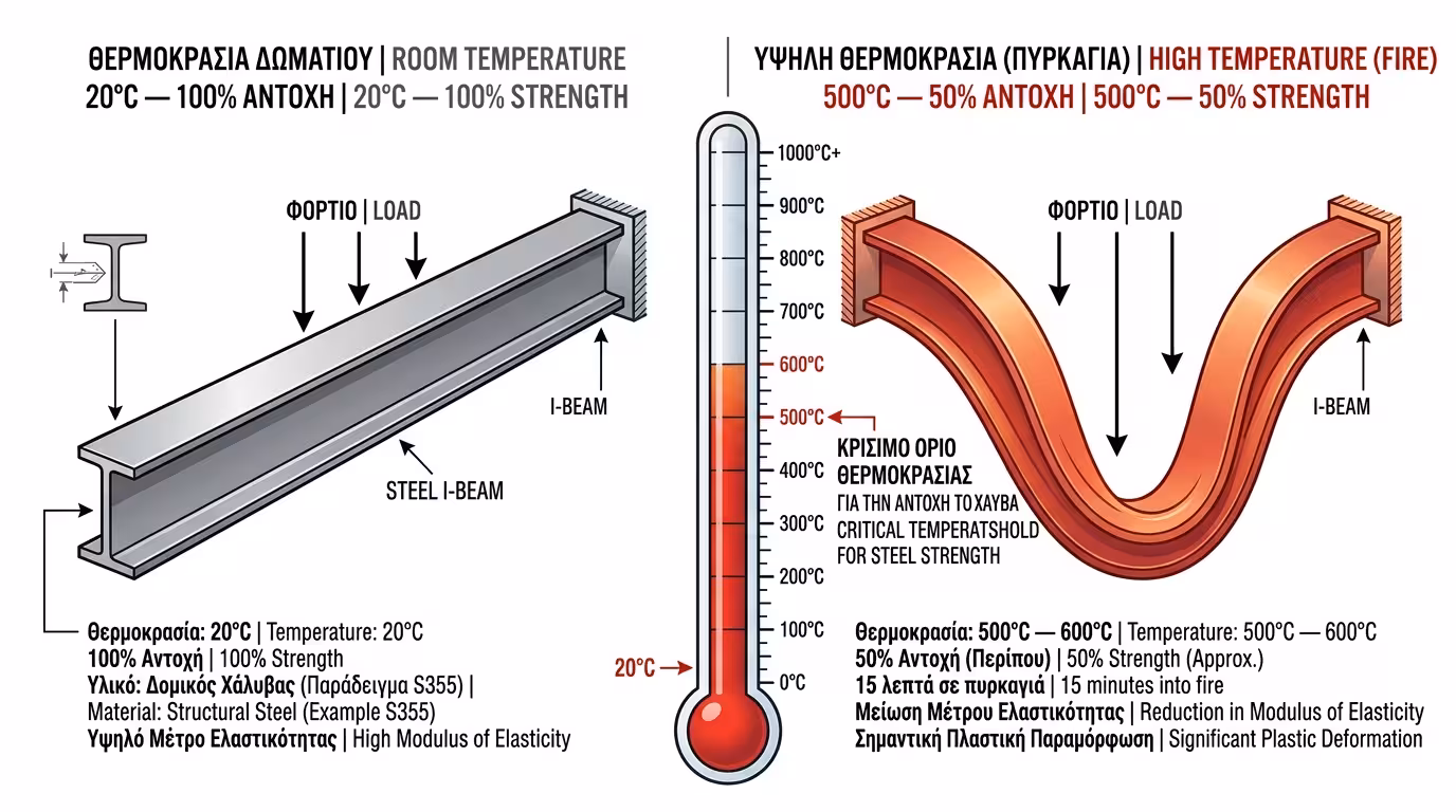 Χαλύβδινη δοκός λυγίζει σαν βρασμένο μακαρόνι στους 500-600°C μέσα σε 10-15 λεπτά