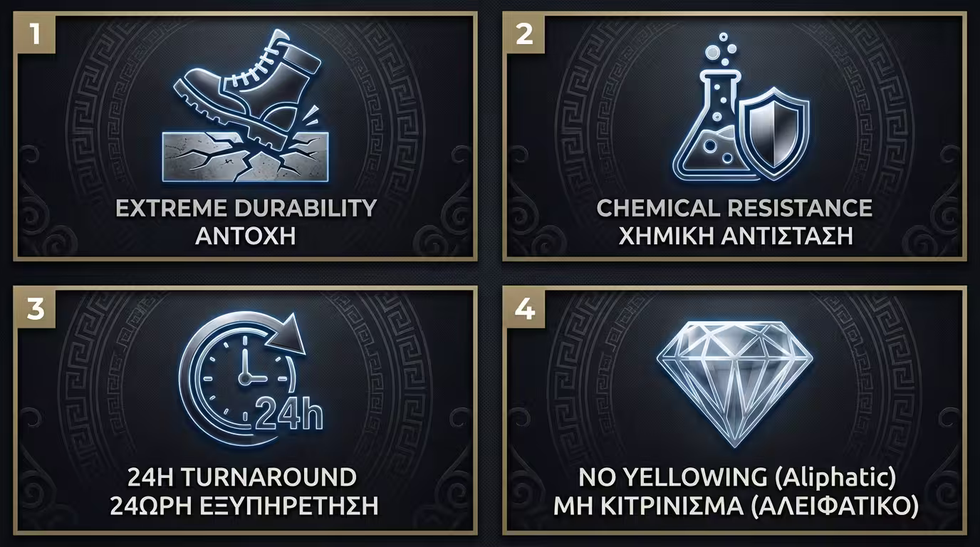 Ινφογκράφικ 4 πλεονεκτημάτων: ακραία αντοχή, χημική αντοχή, ταχεία παράδοση, δεν κιτρινίζει (ελληνικά και αγγλικά)