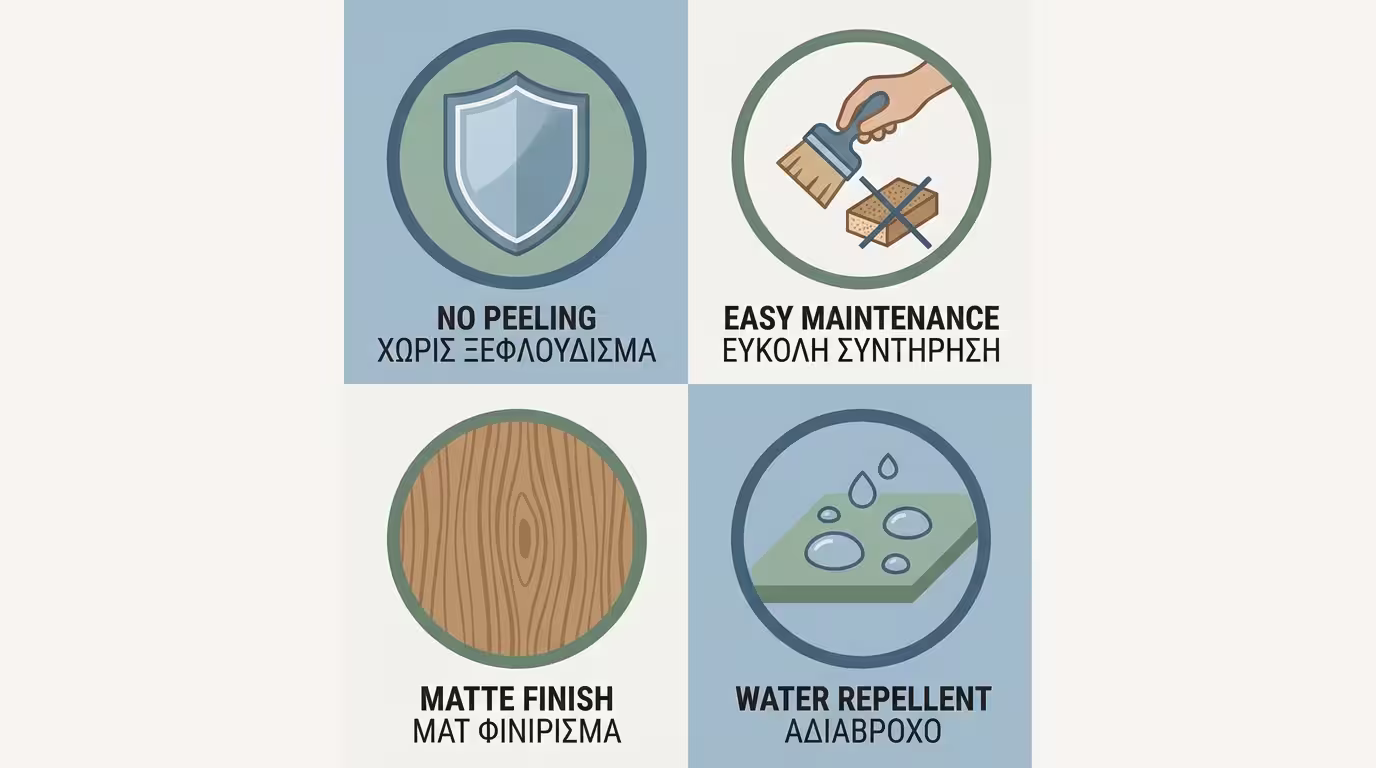 Ινφογκράφικ 4 πλεονεκτημάτων: δεν ξεφλουδίζει, πανεύκολη συντήρηση, φυσική αισθητική, υδαταπωθητικότητα (ελληνικά και αγγλικά)