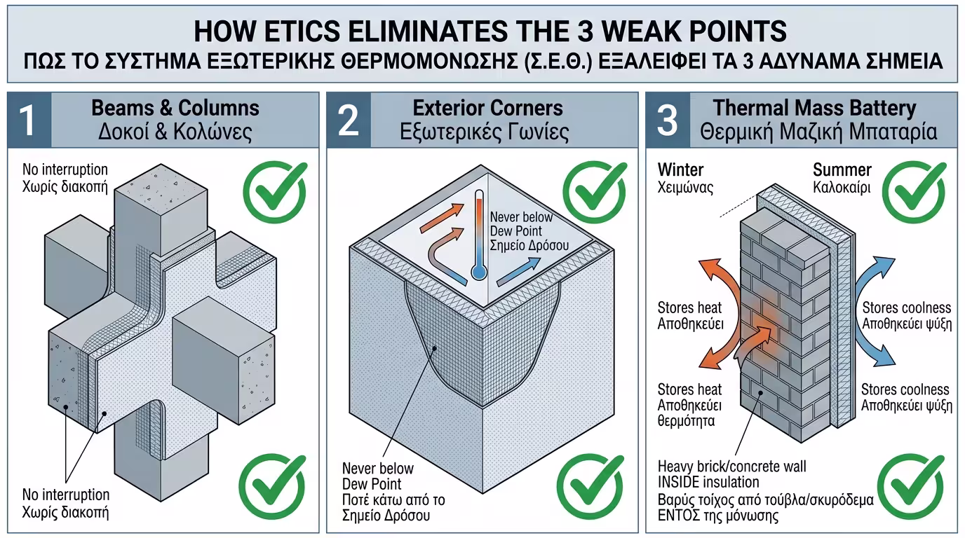 ETICS εξαφανίζει θερμογέφυρες - δοκάρια, κολώνες, γωνίες