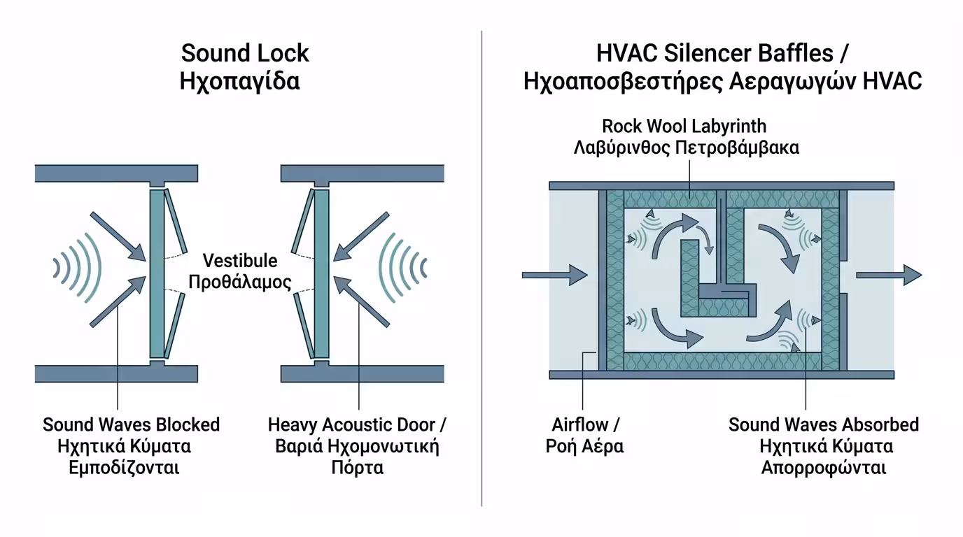 Sound Lock (διπλές πόρτες) και σιγαστήρες εξαερισμού σε Room-in-Room