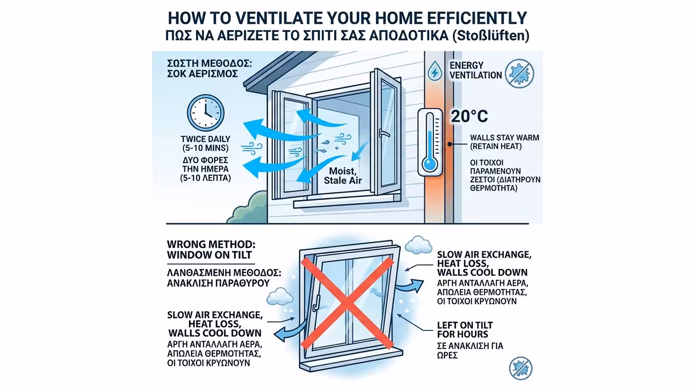 Αερισμός-σοκ: παράθυρα διάπλατα 5 λεπτά, 2 φορές/μέρα
