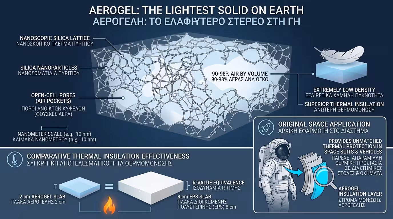 Aerogel: 90-98% αέρας σε νανοσκοπικό πλέγμα πυριτίου