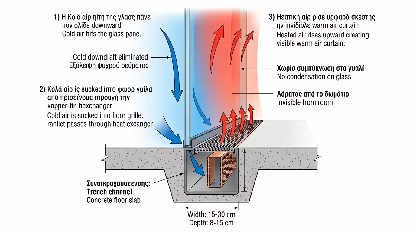 Αεροκουρτίνα ζεστού αέρα από trench heater μπροστά σε τεράστια τζαμαρία