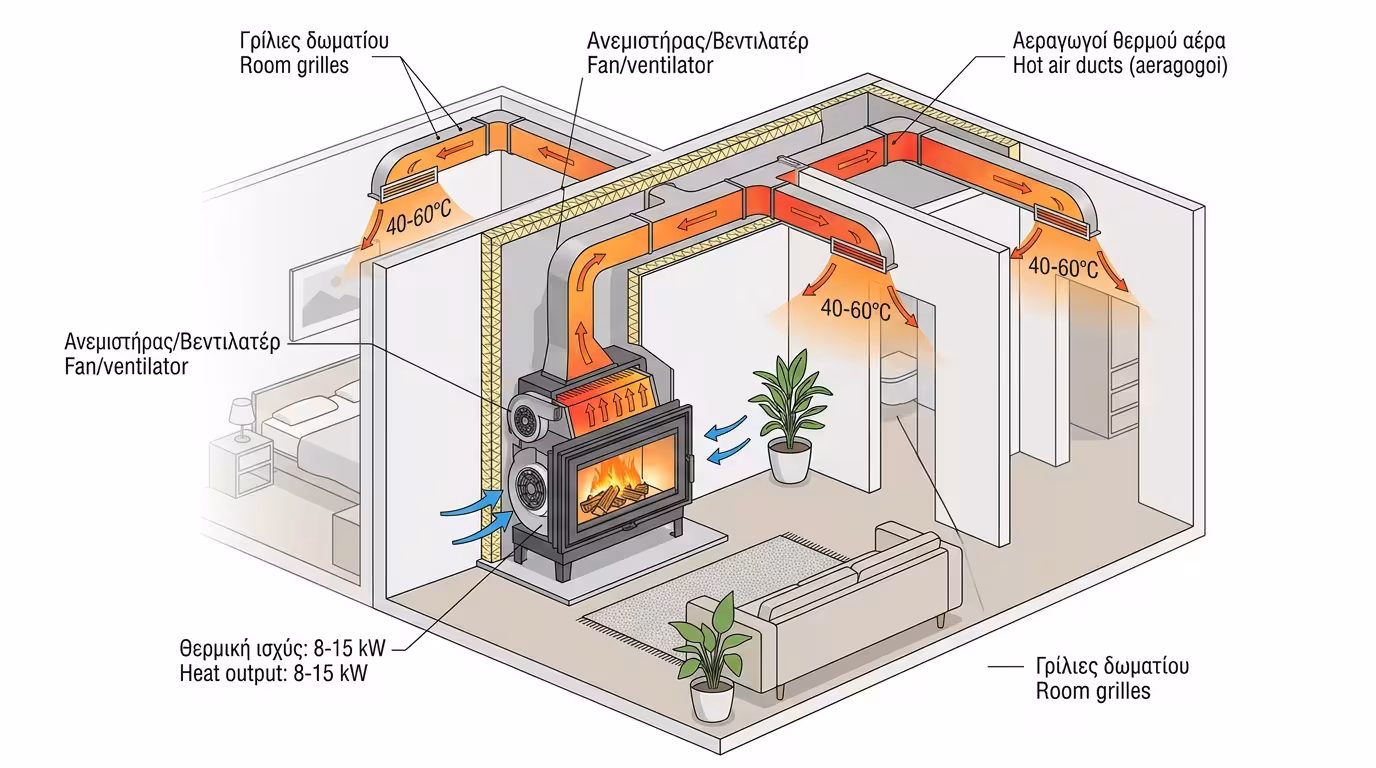 Αερόθερμο τζάκι - κασέτα, αεραγωγοί, ανεμιστήρας