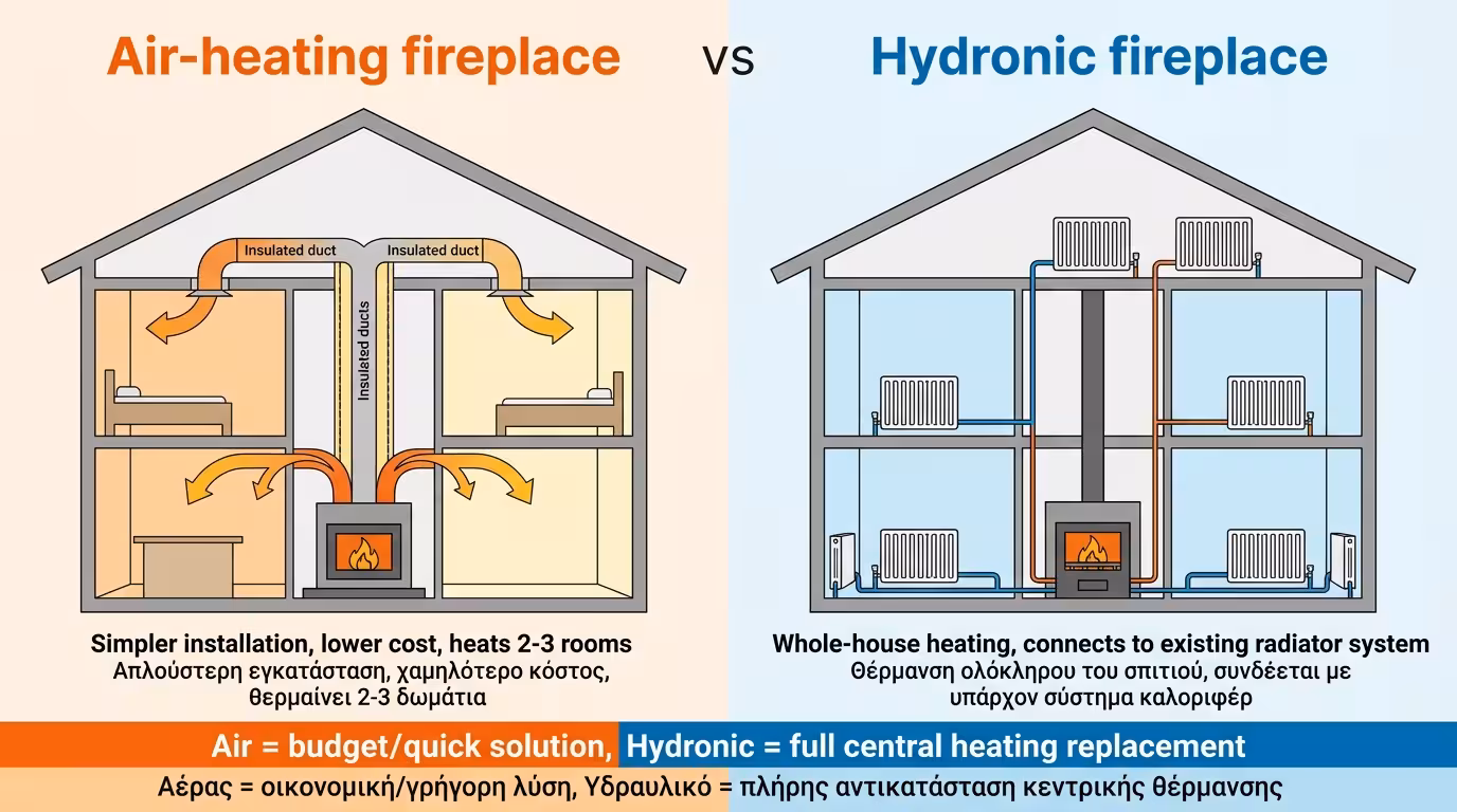 Σύγκριση αερόθερμου vs υδραυλικού τζακιού - ποια επιλογή