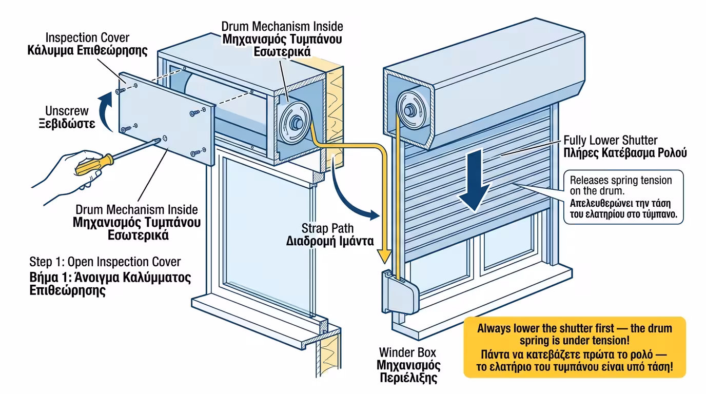 Αφαίρεση καπακιού κουτιού ρολού - πρώτο βήμα στην αλλαγή ιμάντα