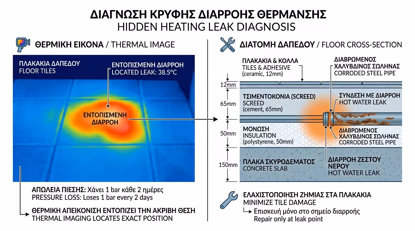 Αφανής διαρροή – σιδηροσωλήνας, θερμοκάμερα, υγρό πάτωμα