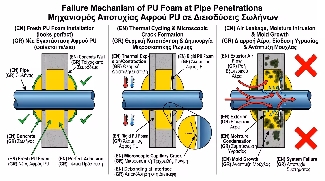 Αστοχία αφρού πολυουρεθάνης σε σφράγιση σωλήνα - ρωγμή, αποκόλληση, διαρροή αέρα