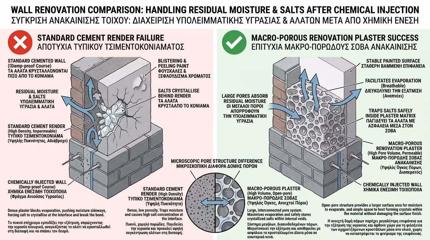 Αφυγραντικός μακροπορώδης σοβάς - εγκλωβισμός αλάτων, εξάτμιση υγρασίας