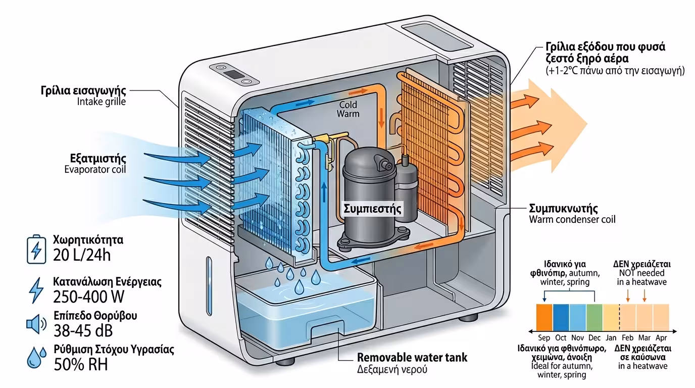 Αφυγραντήρας συμπιεστή - χλιαρός αέρας εξόδου, φθινόπωρο, χειμώνας
