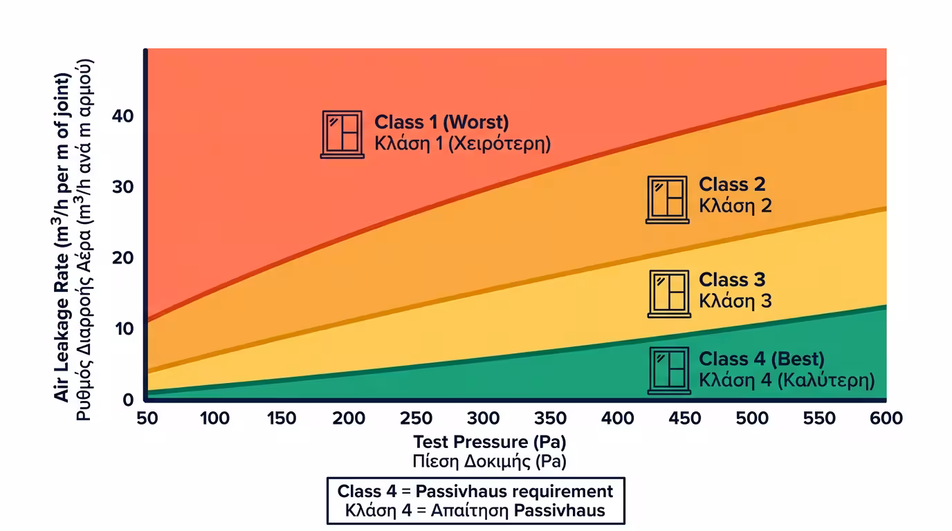 4 κλάσεις αεροστεγανότητας κουφωμάτων κατά EN 12207