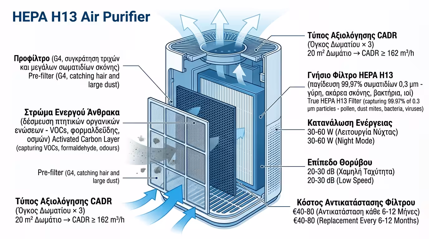 Air Purifier HEPA H13 - φίλτρο σωματιδίων PM2.5, γύρη, ακάρεα, ιοί