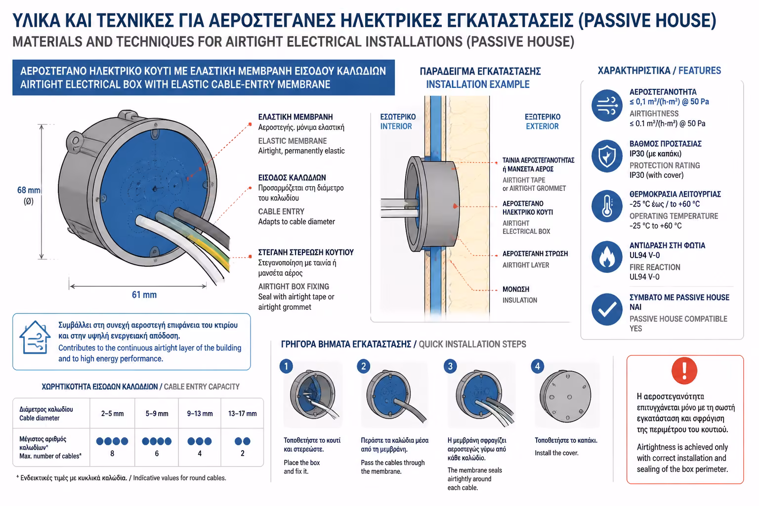 Αεροστεγές κουτί με ελαστική μεμβράνη διέλευσης καλωδίων