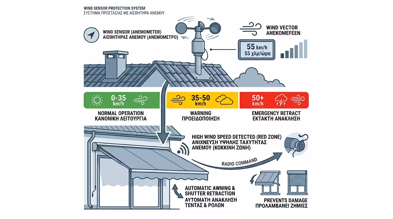 Αισθητήρας ανέμου (ανεμόμετρο) - αυτόματη προστασία τέντας