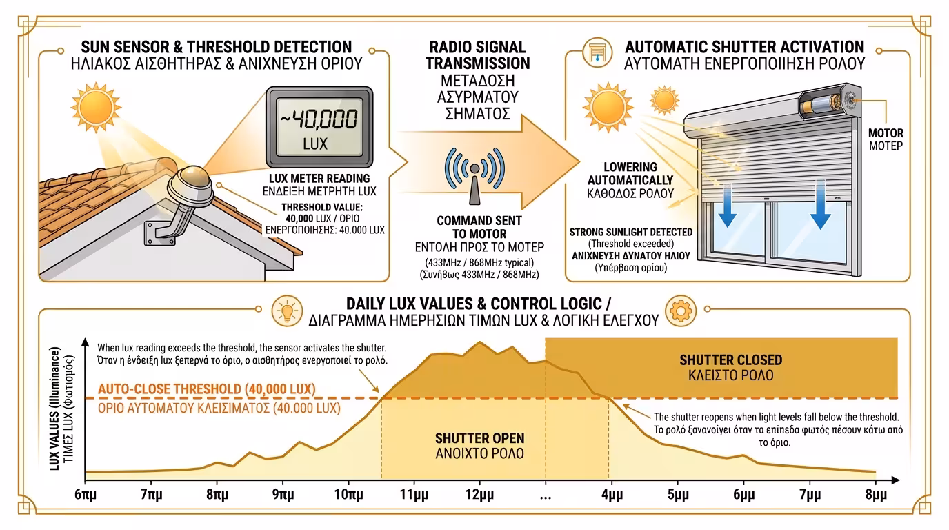 Αισθητήρας ήλιου (ηλιόμετρο) τοποθετημένος σε πρόσοψη κτιρίου