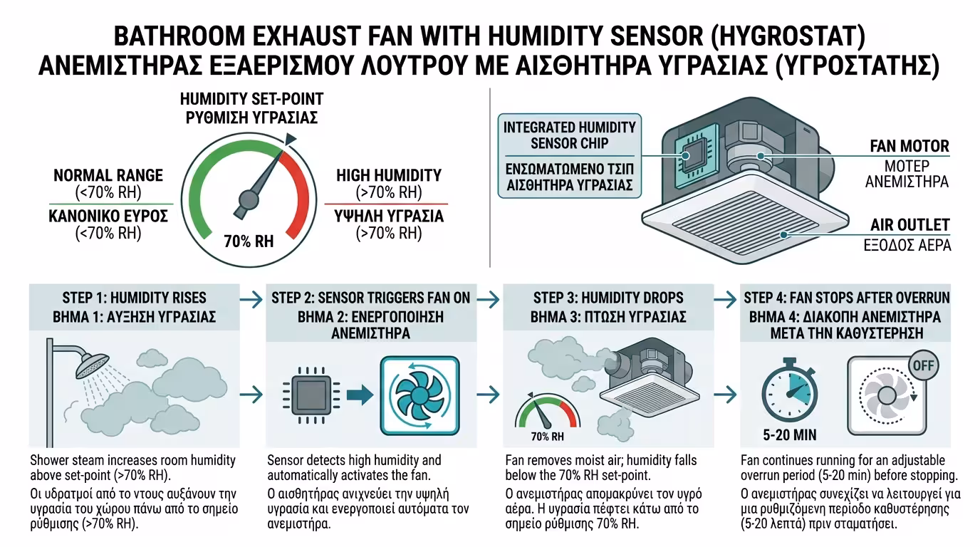 Αισθητήρας υγρασίας υγροστάτης - αυτόματος εξαεριστήρας μπάνιου, κατώφλι 60%