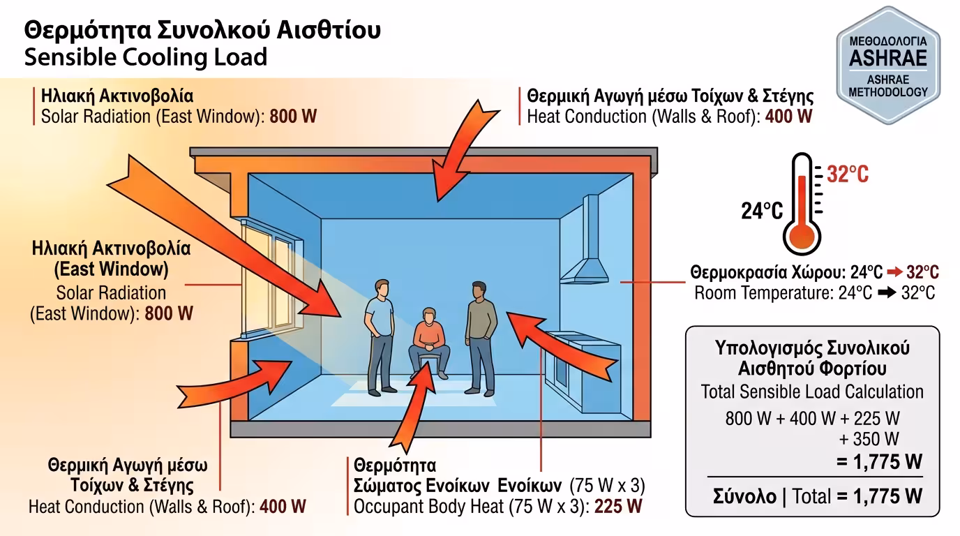Αισθητό φορτίο - ζέστη από τοίχους, τζάμια, ηλεκτρικές συσκευές, ήλιο