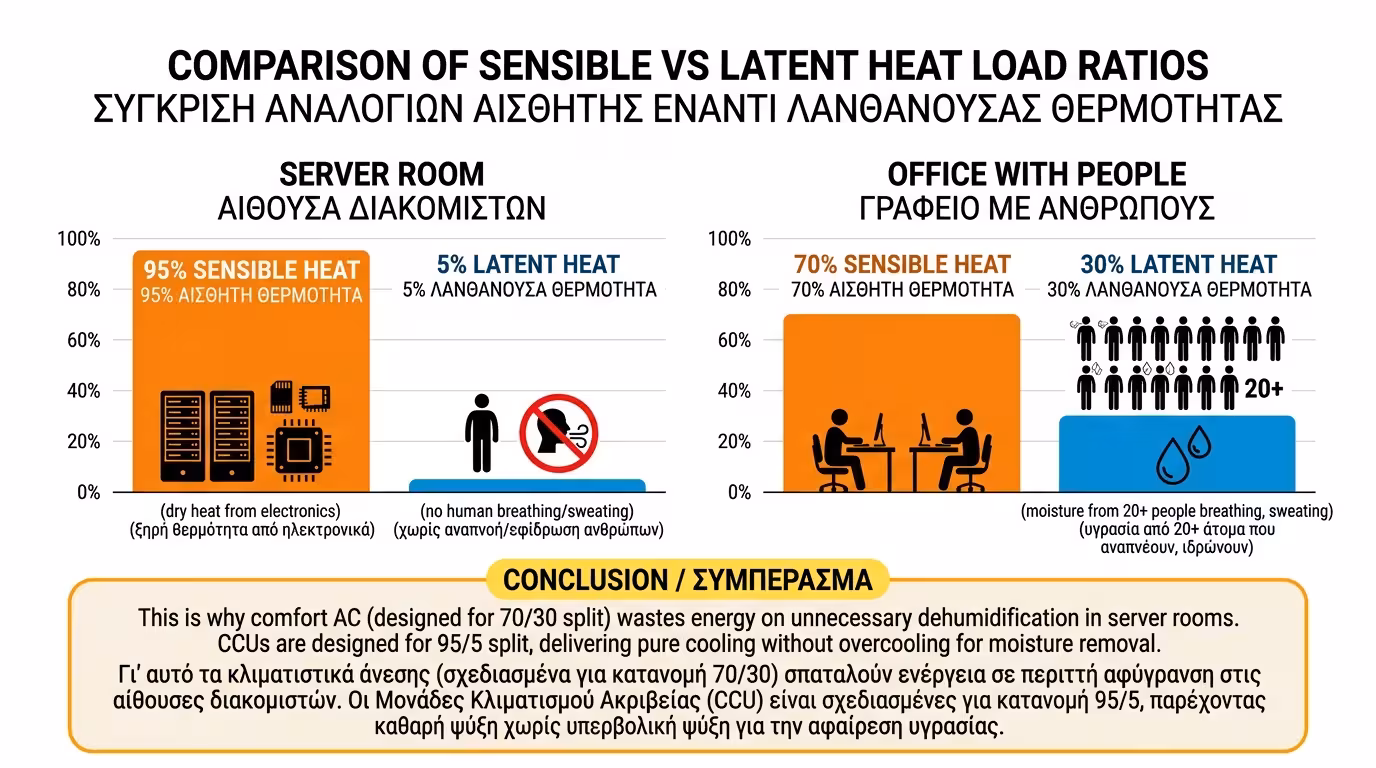 Αισθητό vs λανθάνον θερμικό φορτίο - servers παράγουν 100% ξηρή ζέστη, οι άνθρωποι και υγρασία