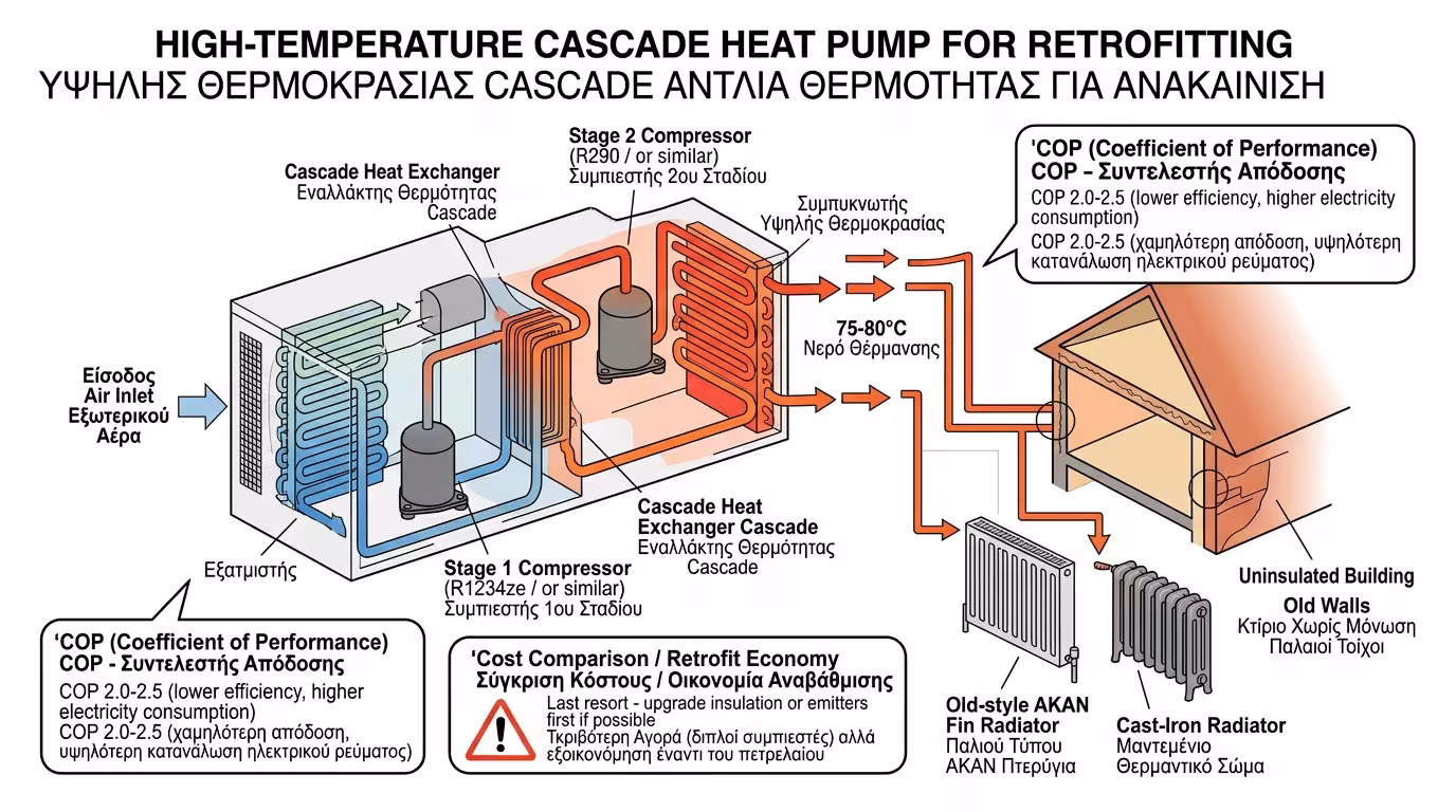 Αντλία υψηλών θερμοκρασιών με διπλό κύκλο συμπίεσης Cascade για παλιά ΑΚΑΝ καλοριφέρ