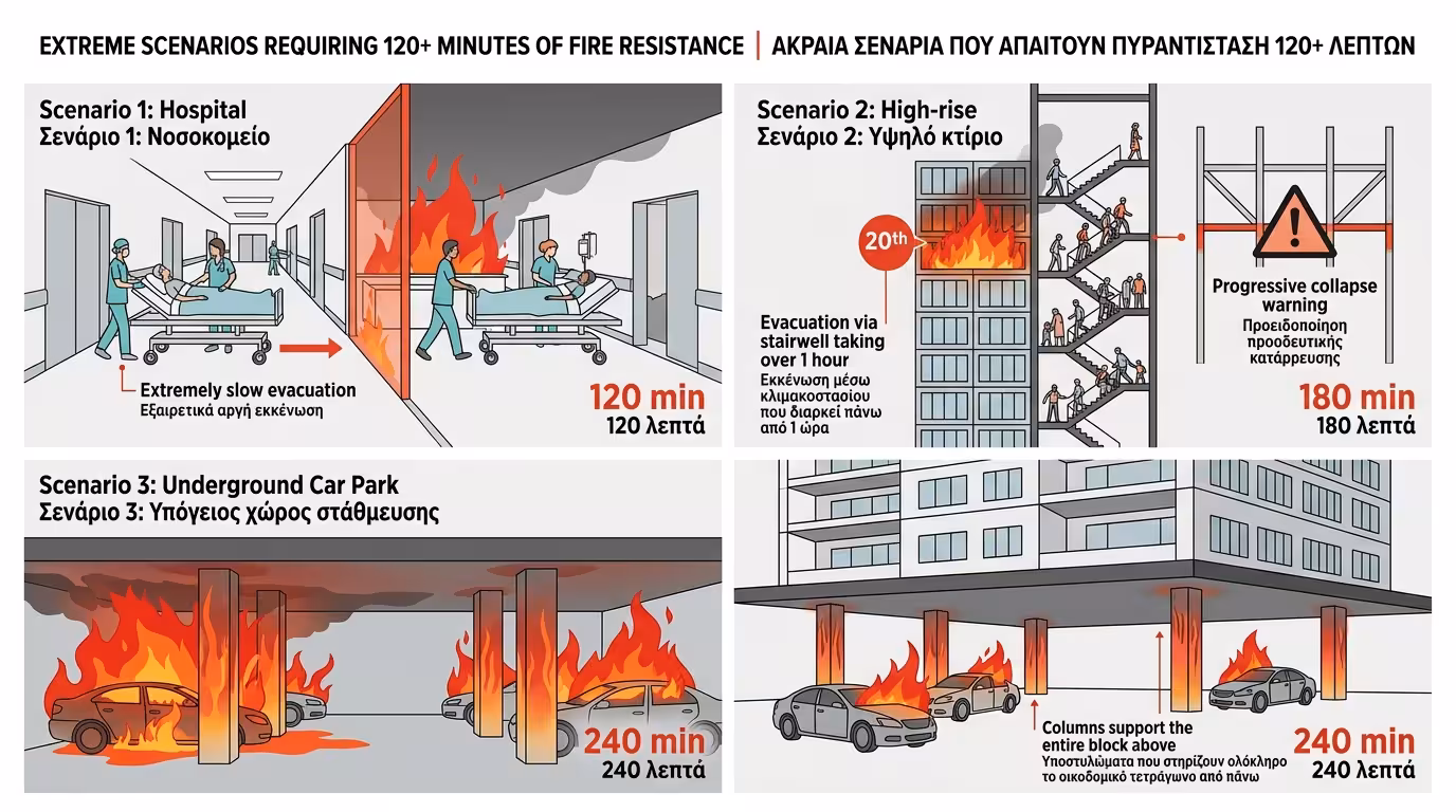 120+ λεπτά: νοσοκομεία, ουρανοξύστες, υπόγεια πάρκινγκ - ακραίες καταστάσεις
