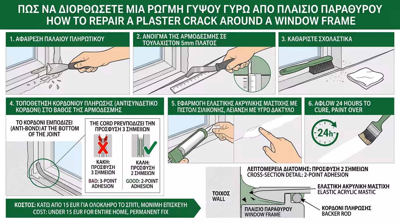 DIY επισκευή ρωγμής σοβά - ελαστική ακρυλική μαστίχη σε αρμό κάσας κουφώματος