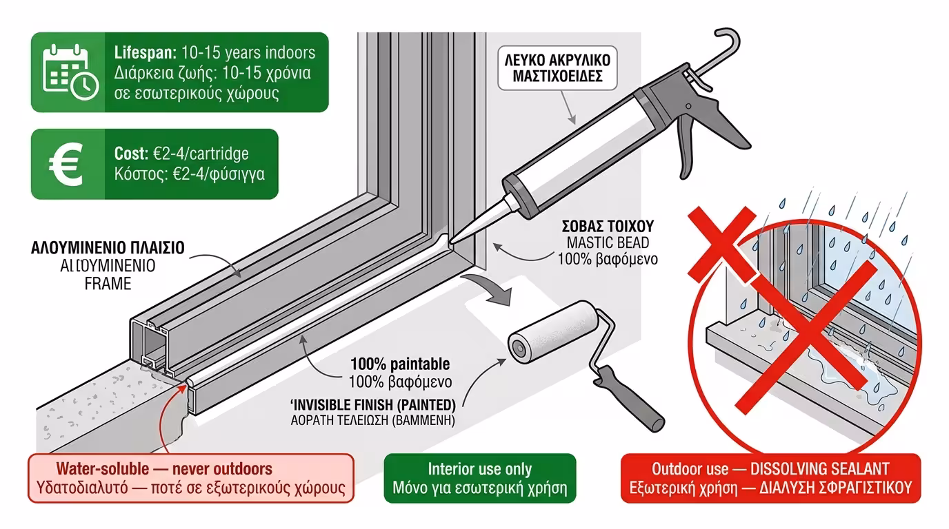 Ακρυλική μαστίχη τοποθετημένη εσωτερικά γύρω από κούφωμα - βάφεται και σοβατίζεται