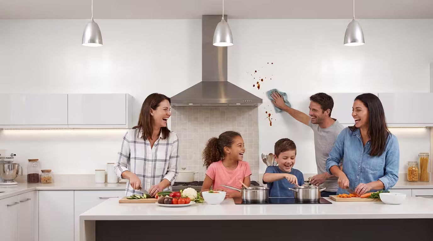 Κουζίνα με σατινέ ακρυλικό χρώμα - καθαρός τοίχος δίπλα σε πάγκο εργασίας, ανθεκτικός σε λεκέδες