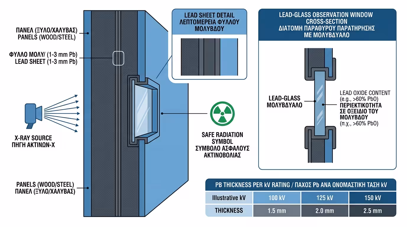 Ακτινοπροστατευτική πόρτα - φύλλα μολύβδου, lead glass, ακτινολογικό εργαστήριο