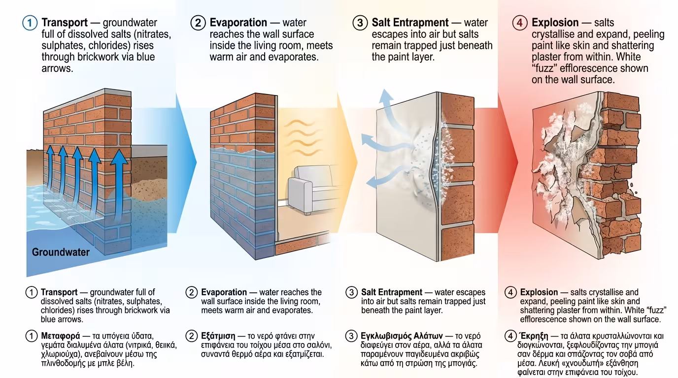 Κρυσταλλοποίηση αλάτων - σκάσιμο σοβά, εξανθήματα