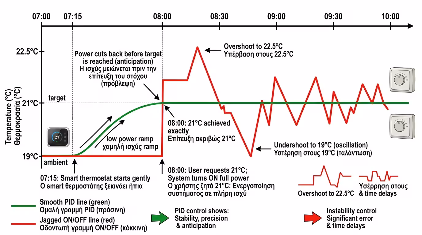 PID αλγόριθμος - ήπια εκκίνηση 07:15, τέλεια 21°C στις 08:00
